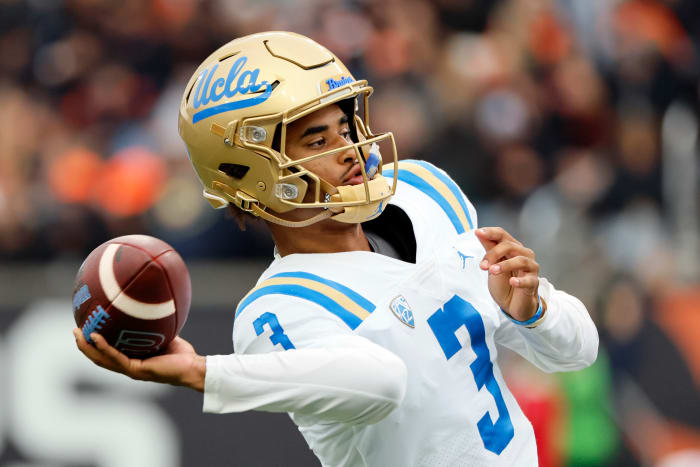 UCLA Bruins quarterback Dante Moore throws a pass in warmups before facing the Oregon State Beavers.